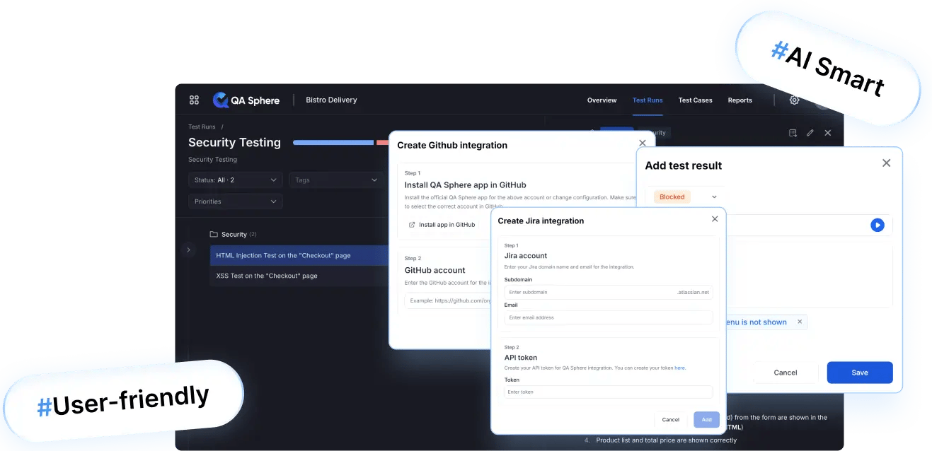 QA Sphere UI with security testing, GitHub & Jira integrations