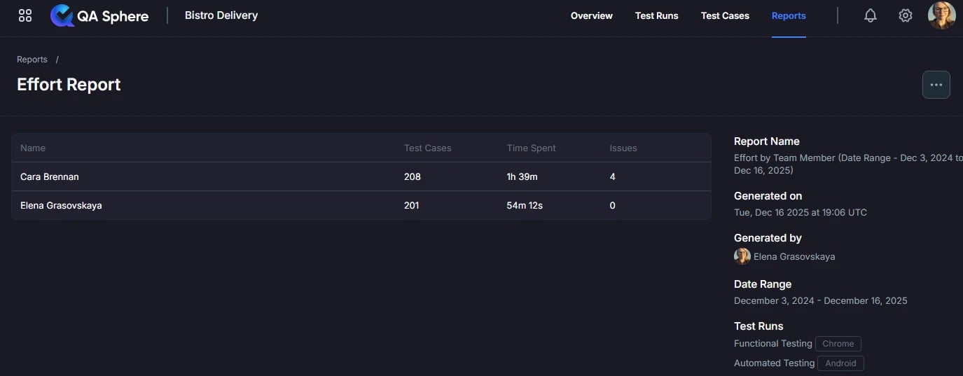 Effort by Team Member Report Sample