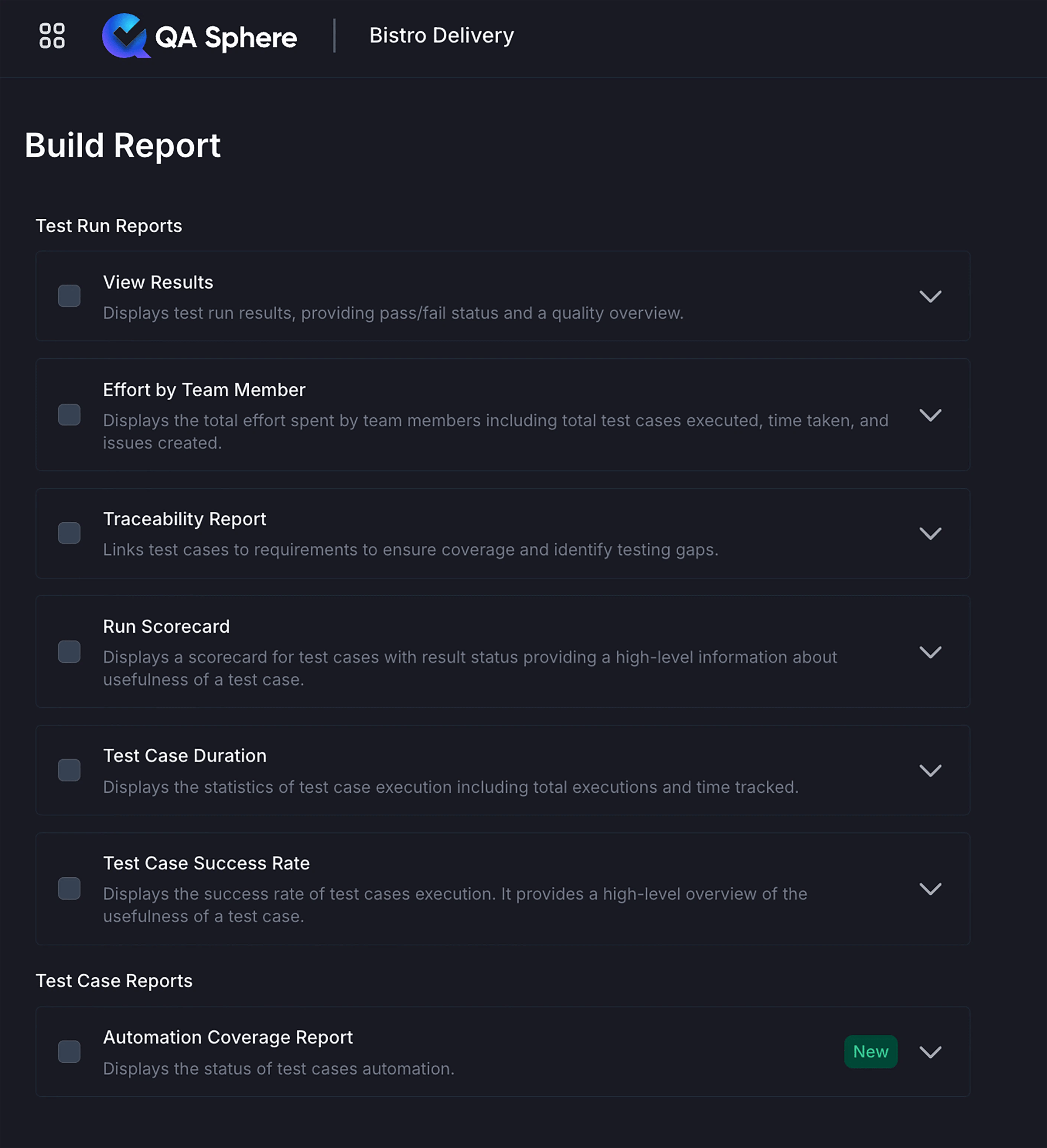 QA Sphere reports options