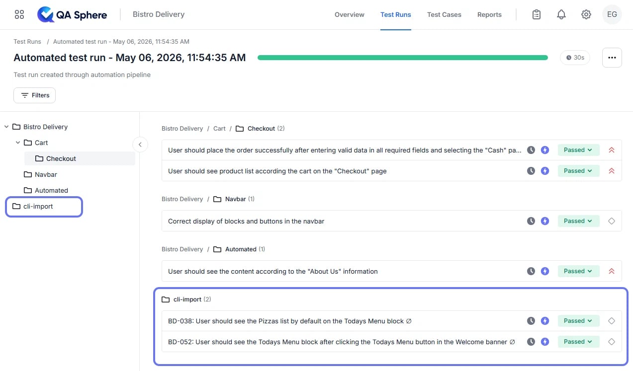Newly created test cases placed in the cli-import folder in QA Sphere