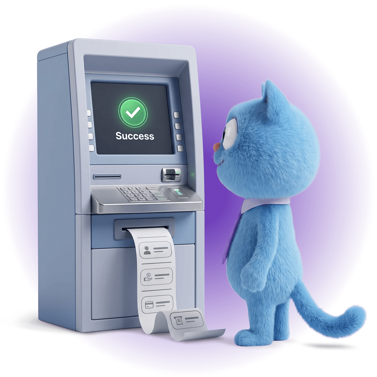 Cat at an ATM, testing a payment flow