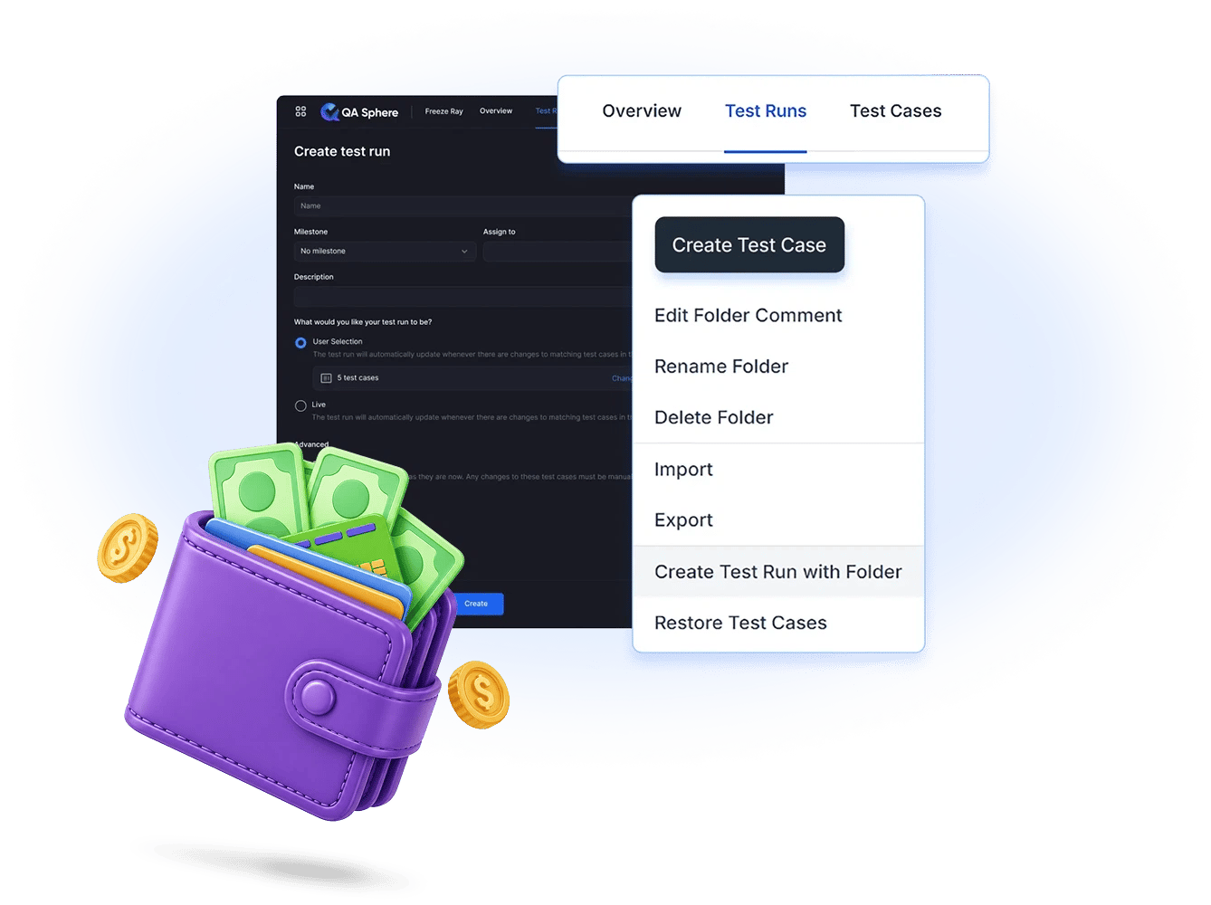Create test run dialog with a live, self-updating case selection