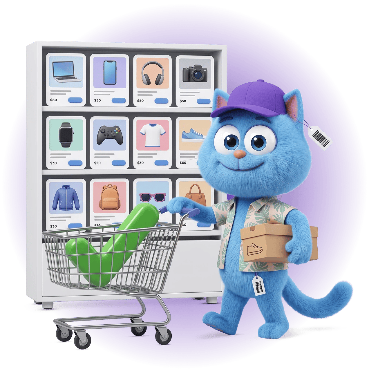 Cat pushing a shopping trolley with a green pass check in it, in front of a product catalogue