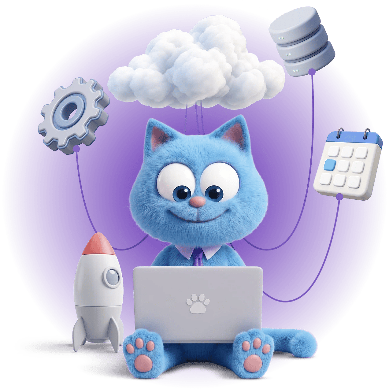 Cat in a shirt and tie at a laptop, connected to a cloud, a database, a gear and a calendar, with a rocket beside it