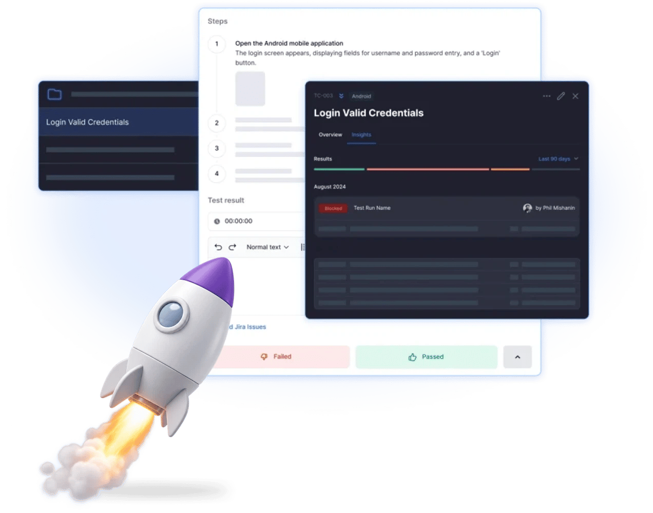 Login test case with its steps, result and a 90-day history of runs, beside a rocket lifting off
