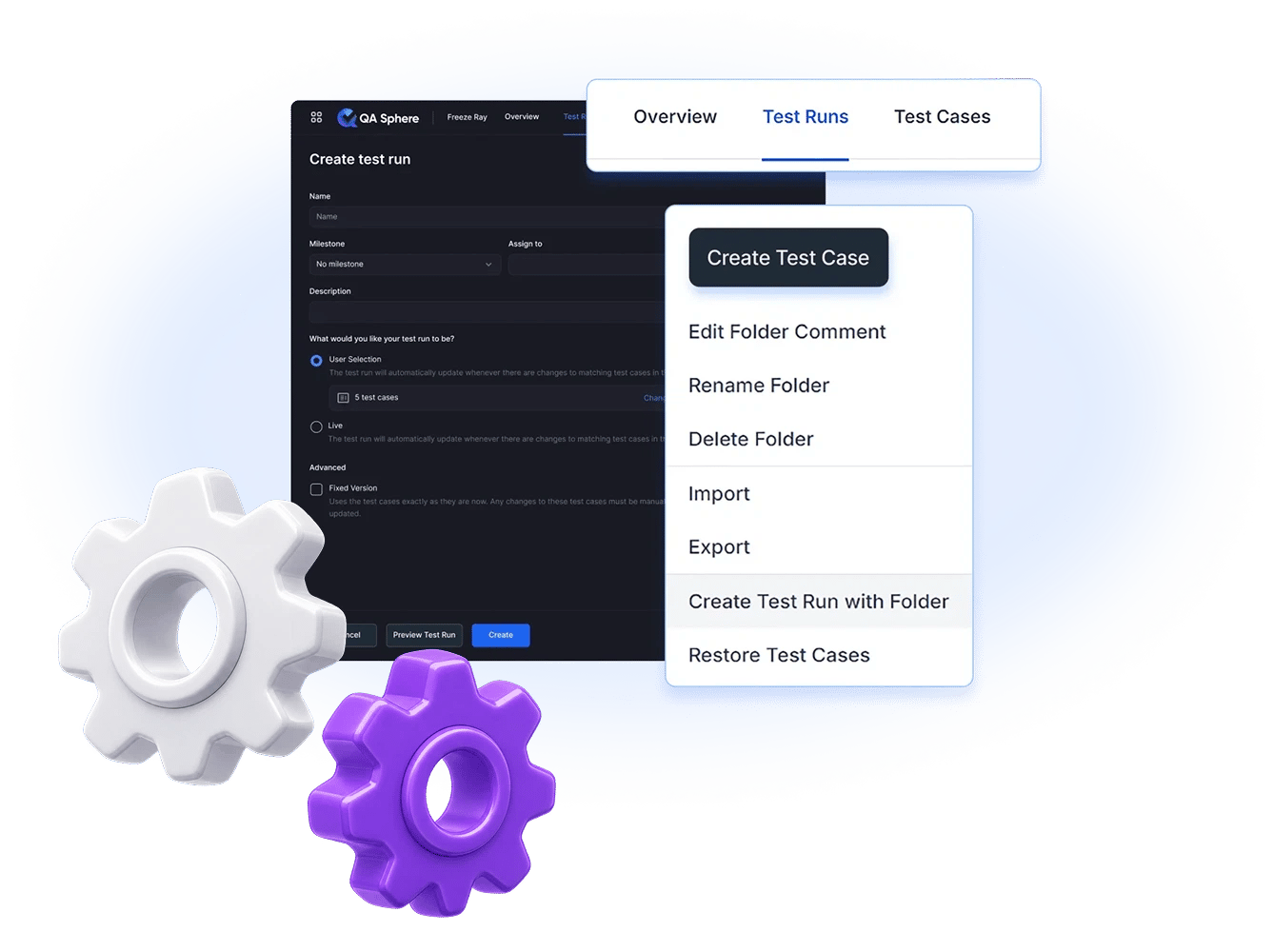 Create test run dialog beside the folder menu with Create Test Run with Folder, in front of two gears