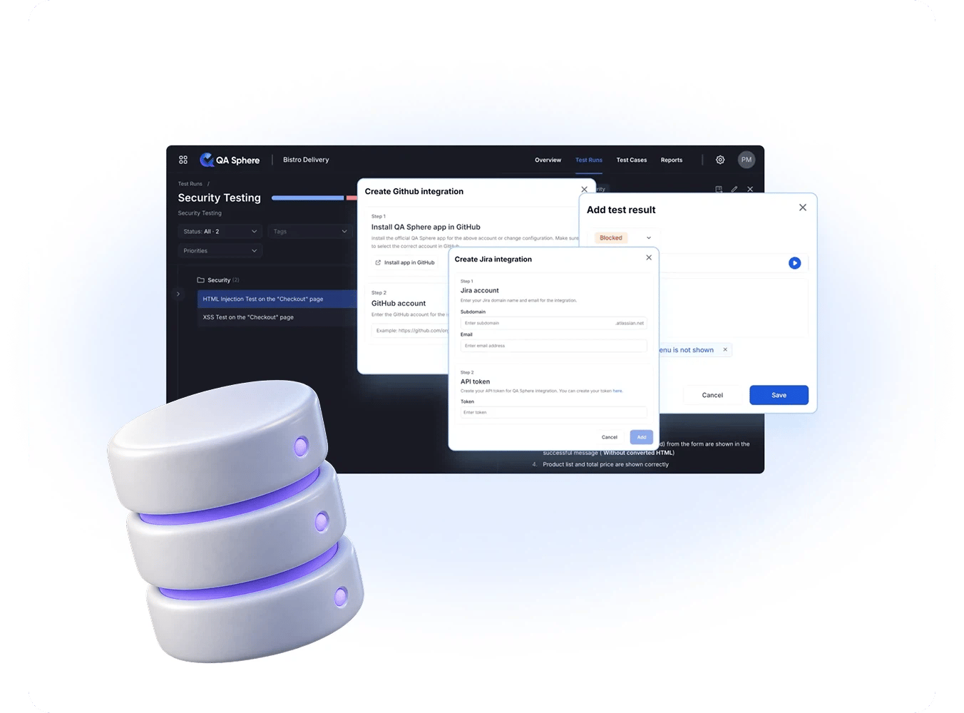 Security Testing run with the GitHub and Jira integration dialogs and an Add test result panel, in front of a stacked database