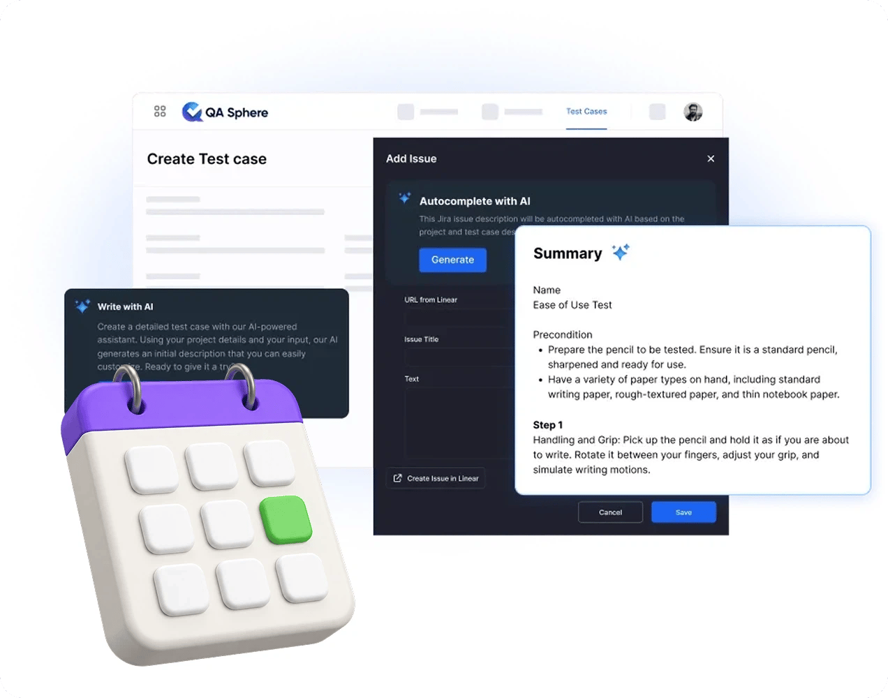 Create test case with Write with AI, an Autocomplete with AI issue dialog and an AI Summary panel, in front of a calendar
